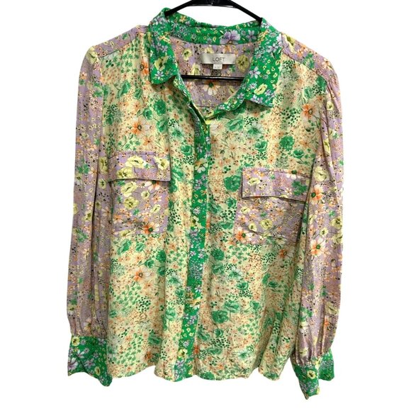 Loft Dainty Floral Button Down Blouse Sz XL Green Purple Loose Fit - Picture 1 of 9
